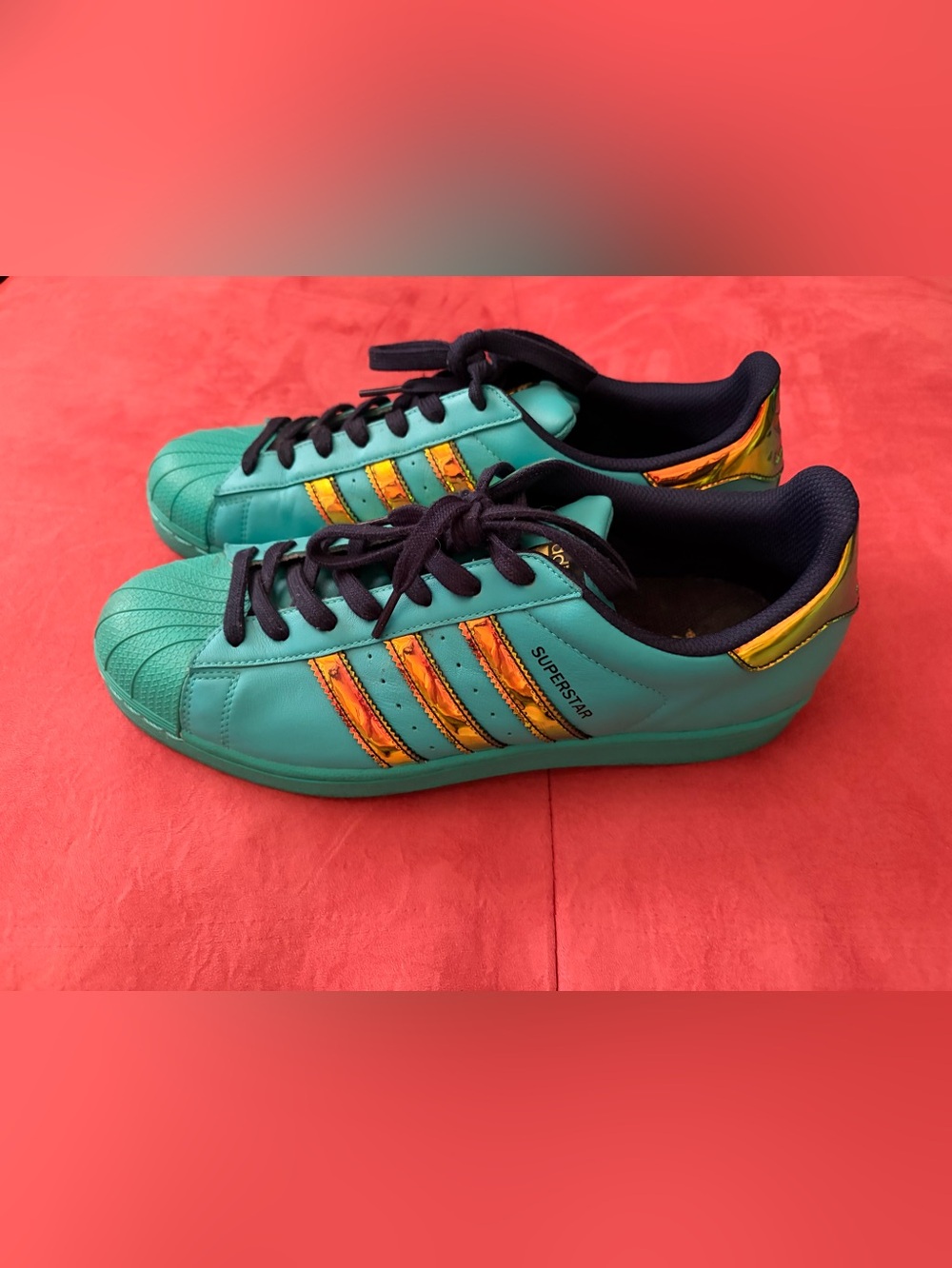 adidas Teal Superstar Shell-toe Metallic Iridescent Gold Stripes & Detail 10.5